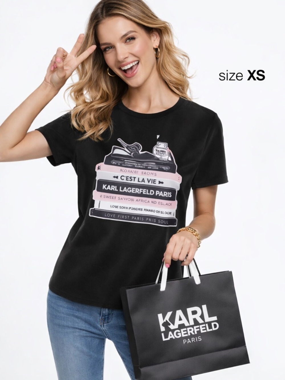 Karl Lagerfeld Black Tee with Pink & White Stack Graphic